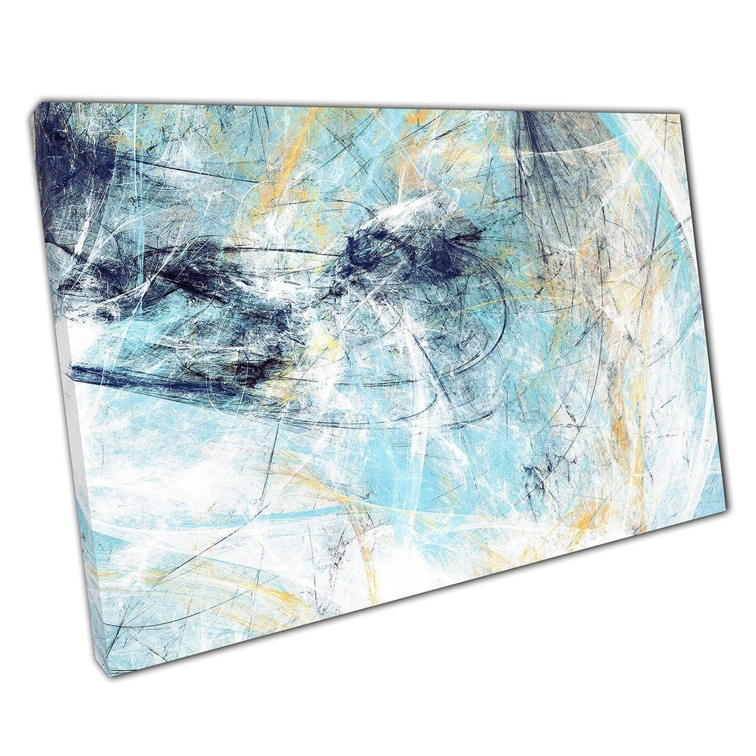 Blauw geel wit gekrabbeld bekrast abstracte stijl ongebruikelijke illustratie kunstwerken muurkunst print op canvas gemonteerde canvas print