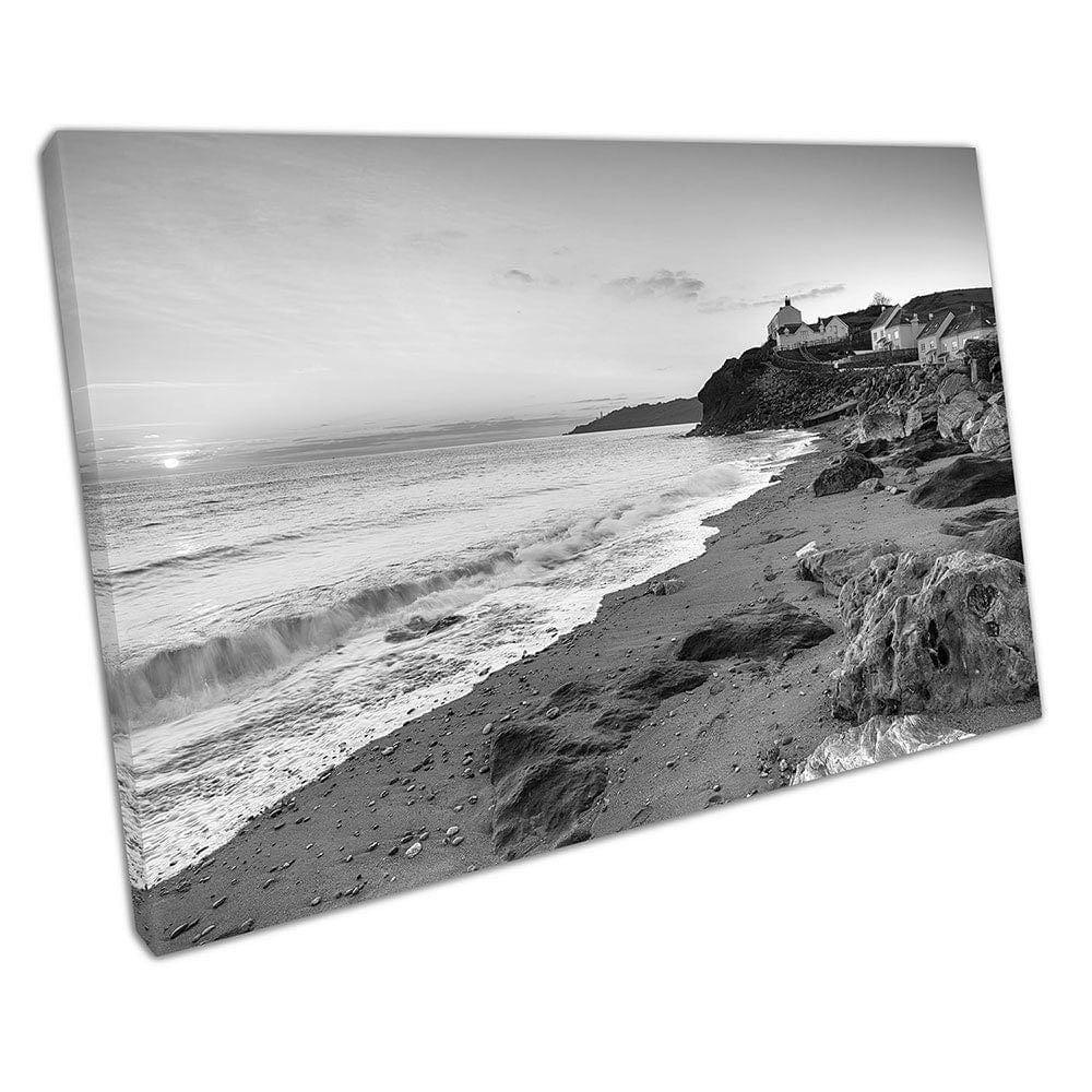 Zwartwitte strand en huisjes aan zee in hallsands klaar om muurwand te hangen afdrukken gemonteerde canvas print