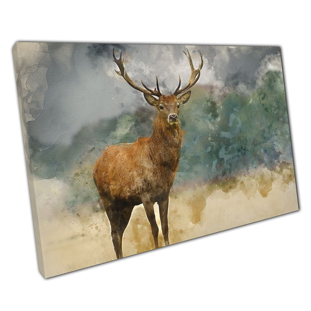 Aquarellmalerei des majestätischen mächtigen roten Hirschhirsch -Wandkunstdrucks auf der Leinwand mit Leinwand Druck