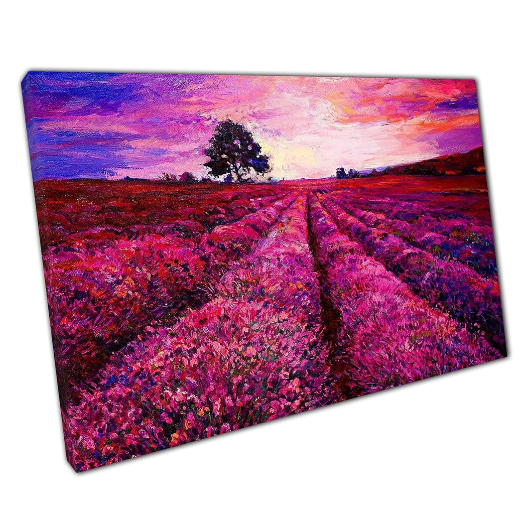 Beautiful Pink Purple Plush Lavender Fields Under A Peaceful Sky Oil Style Painting Wall Art Print On Canvas Mounted Canvas print