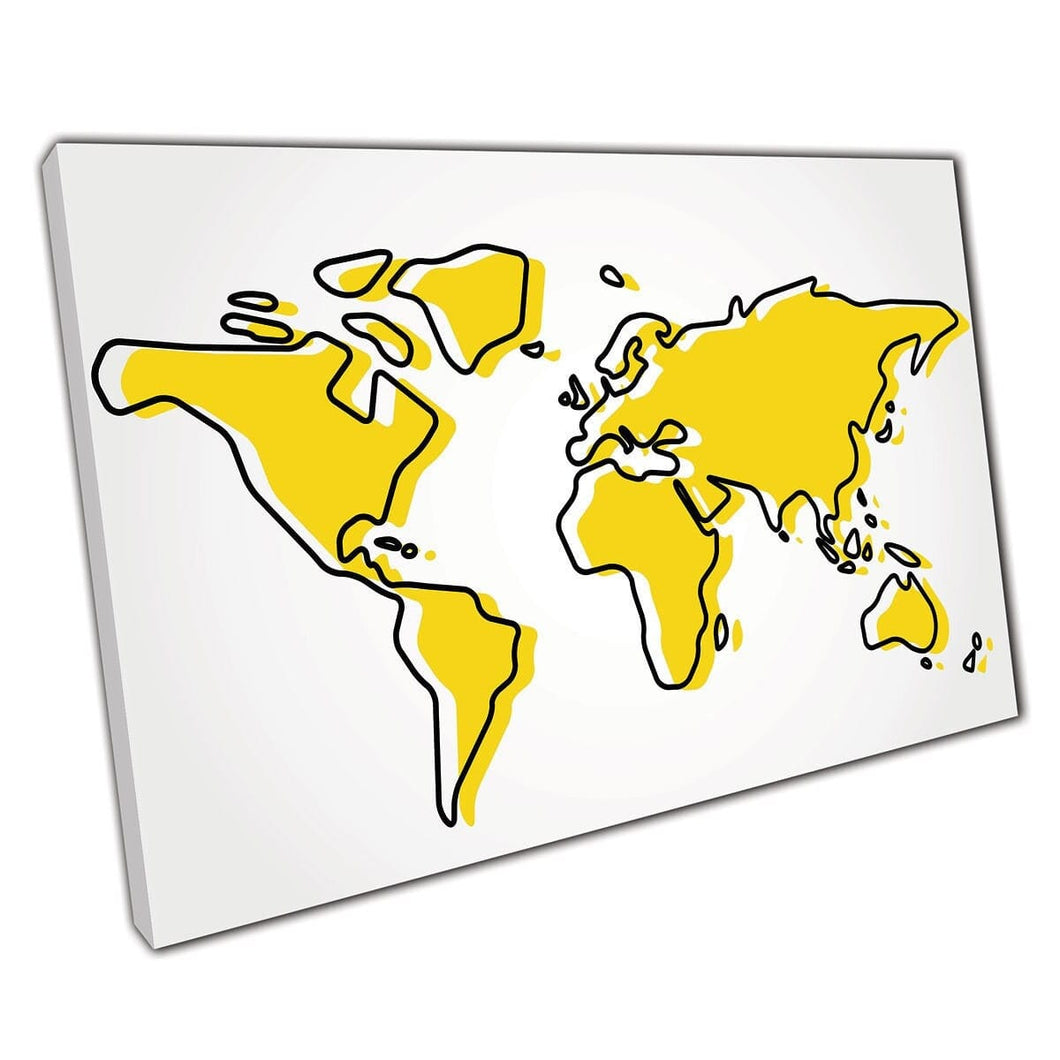 Abstract Minimalist Modern Yellow Black World Map Design Wall Art Print On Canvas Mounted Canvas print