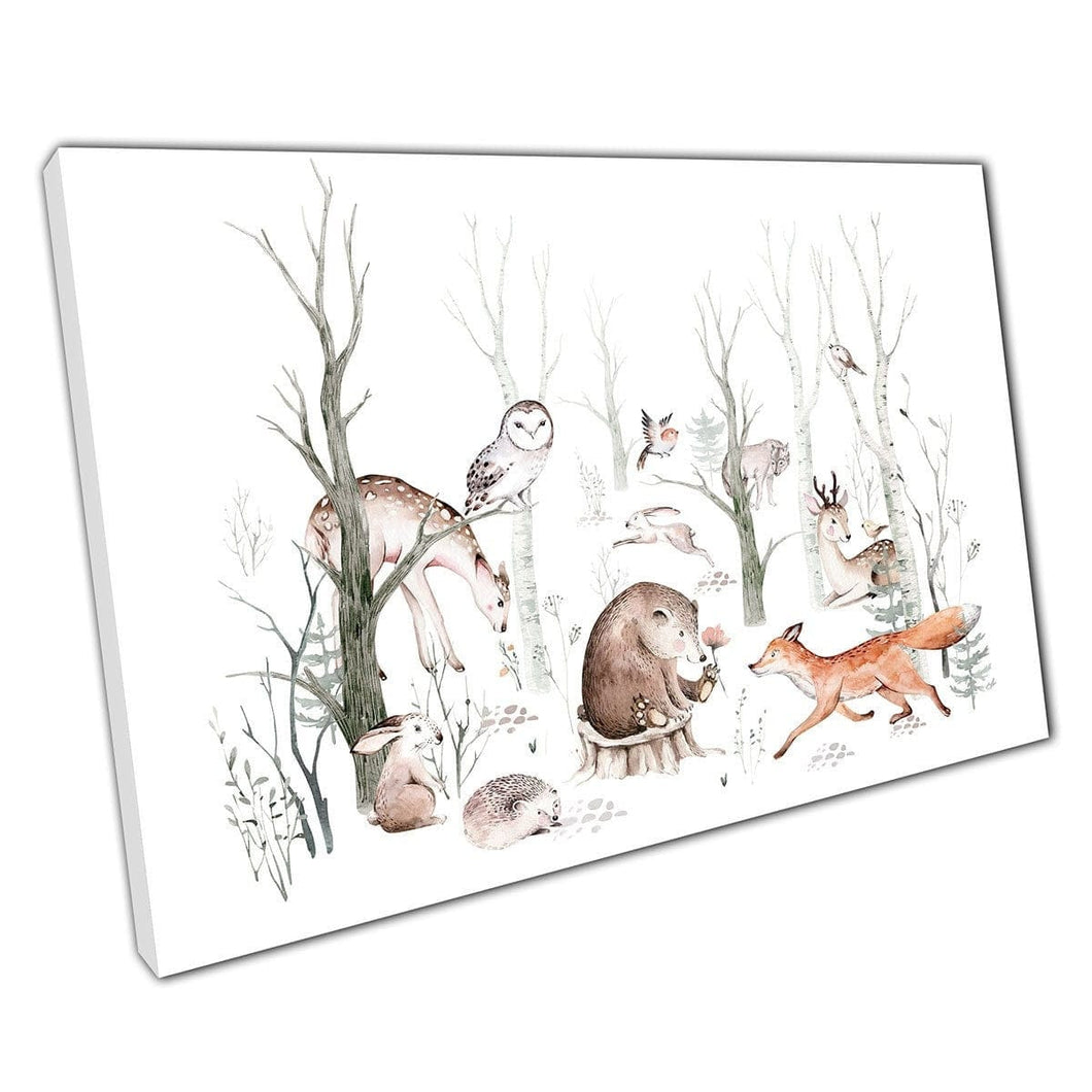 Woodland Diervrienden Bear Fox Deer Owl Bunny Hedgehog Aquarel Kinderen Kinderdagwand Art Print op canvas gemonteerde canvas print