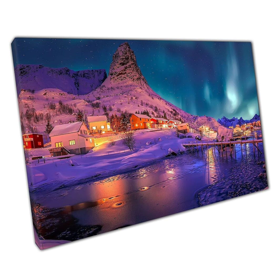 Northern Lights boven magisch winterlandschap Reine Noorwand Wall Art Print op canvas gemonteerde canvas print