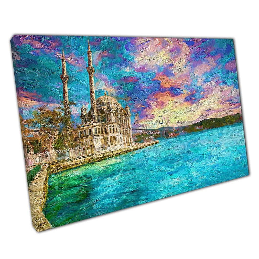 Bosporus Bridge Ortakoy Moskee Kleurrijke ochtend zonsopgang Istanbul Turkije schilderij Wall Art Print op canvas gemonteerde canvas print