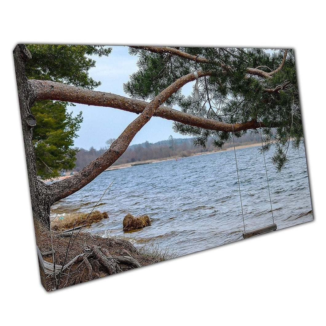 Beautiful Peaceful Seascape View From A Swing Tied To A Tree At Lake Seliger Russia Wall Art Print On Canvas Mounted Canvas print