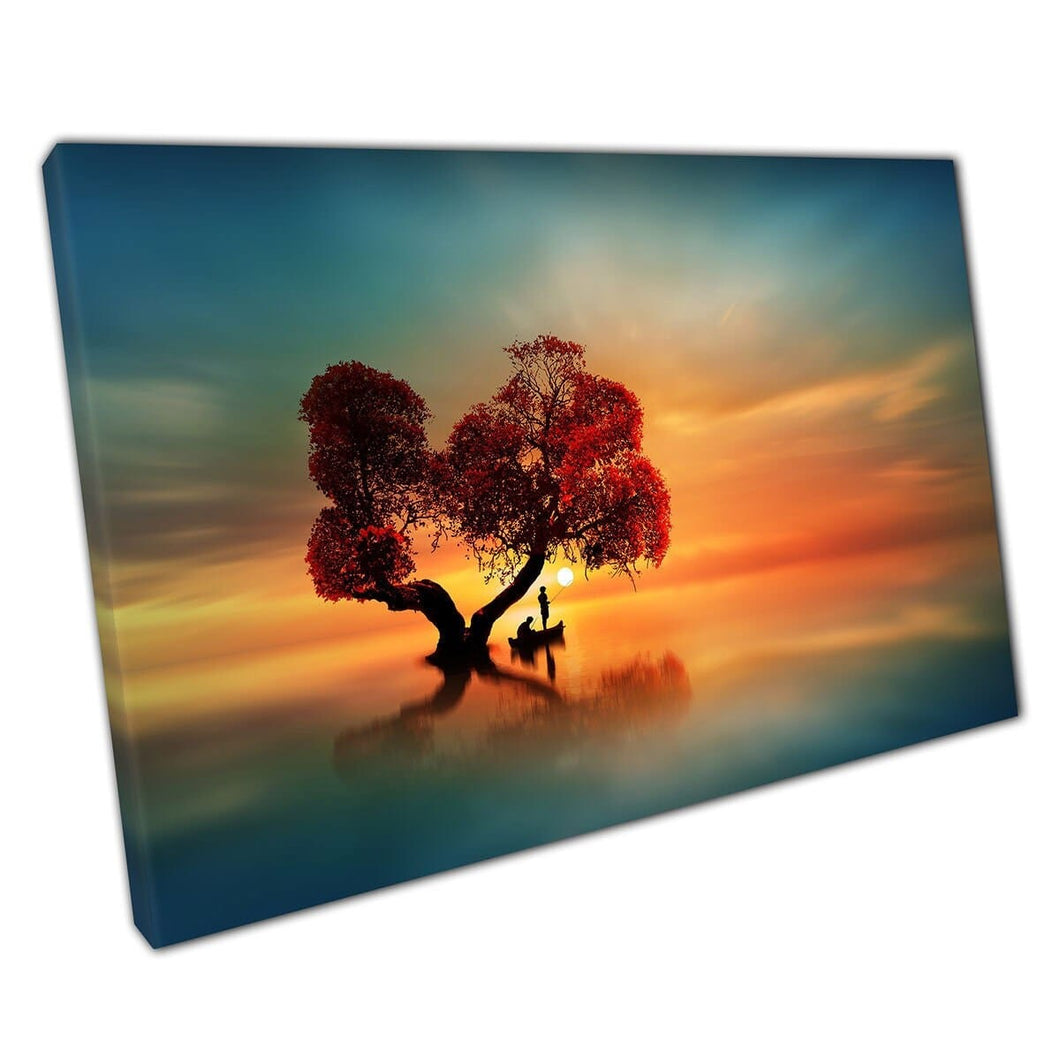 Persone che pescano sotto un magico albero rosso durante un caldo Sunset Fantasy Seascape Skyline Wall Art Stampa sulla tela montata in tela