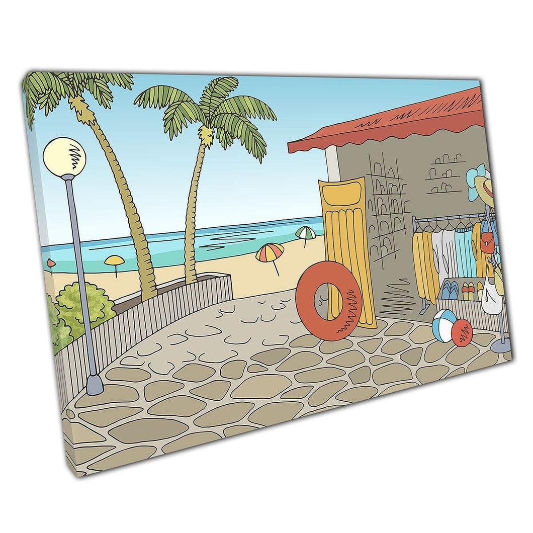 Minimal Vacation Illustration Surfer Shop And Tropical Beach Digital Sketch Wall Art Print On Canvas Mounted Canvas print
