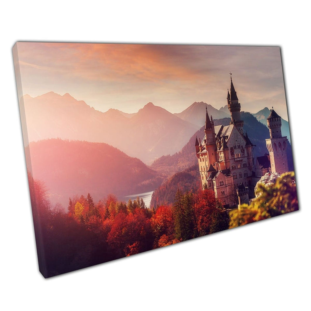 Splendido castello di Neuschwanstein sotto un nuvoloso Sunset Monaco Baviera Germania Print di arte da parete su tela su tela
