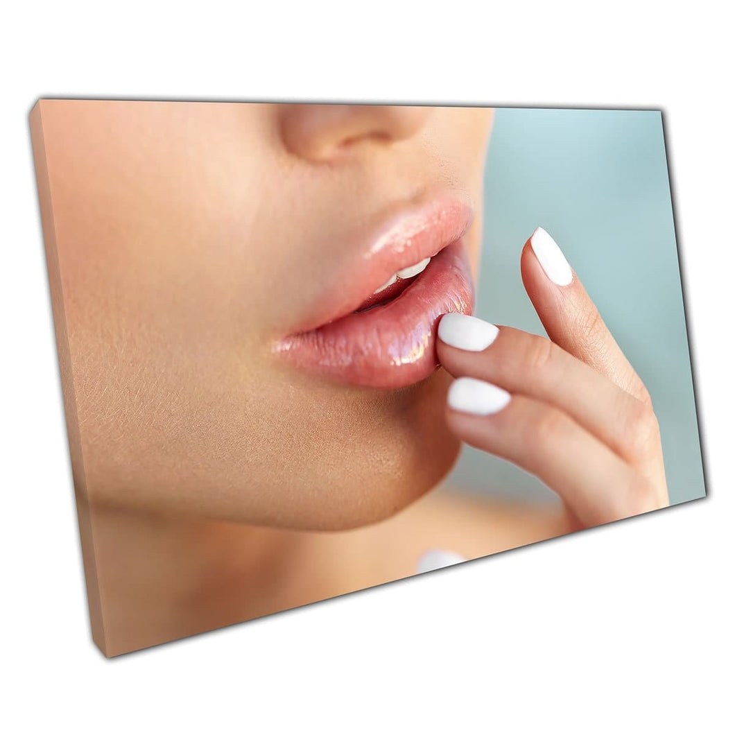 Beautiful Woman Delicately Touching Natural Plump Pink Lips Beauty Photography Wall Art Print On Canvas Mounted Canvas print