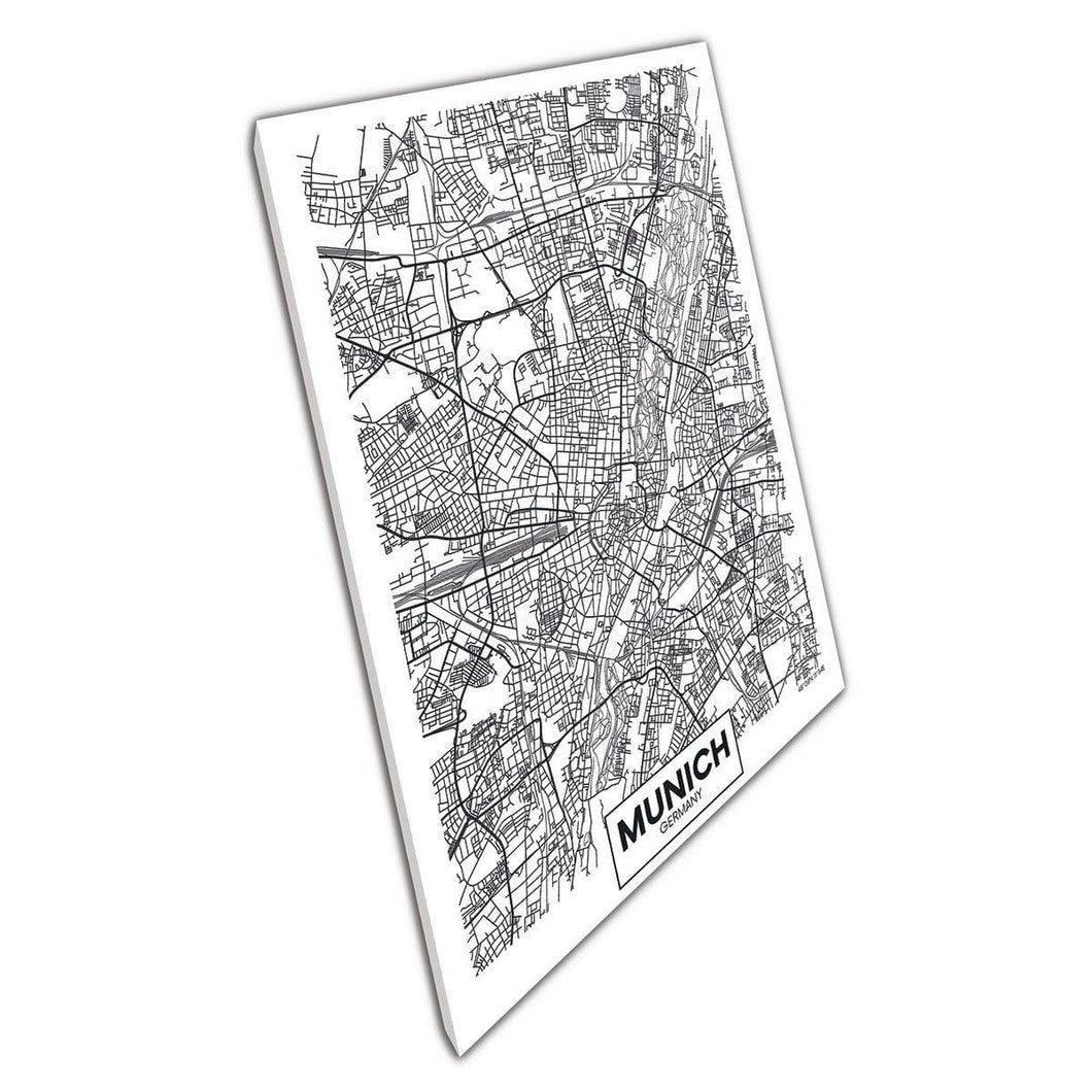 Zwart -wit geïllustreerde kaart van München Duitsland Wall Art Print op canvas gemonteerde canvas print