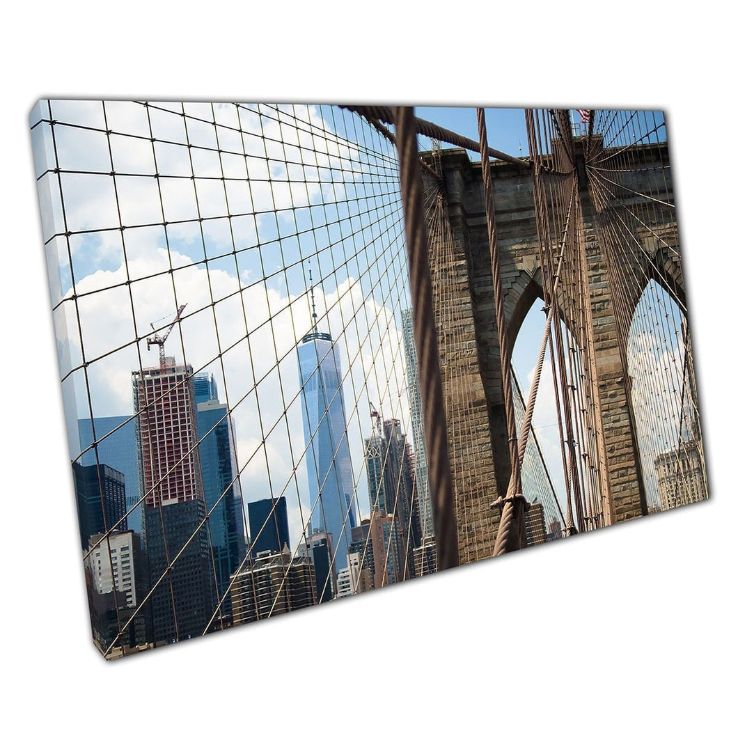 American Flag Flying Above The Brooklyn Bridge Cityscape Brooklyn New York USA Wall Art Print On Canvas Mounted Canvas print