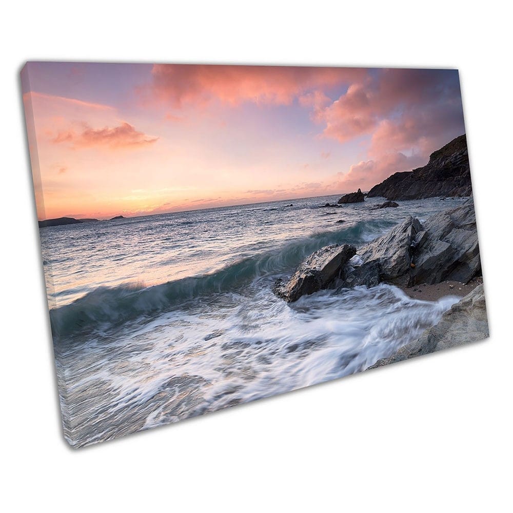 Dramatic Ocean sunset Little Fistral Beach Newquay Ready to Hang Canvas Wall Art Print Mounted Canvas print