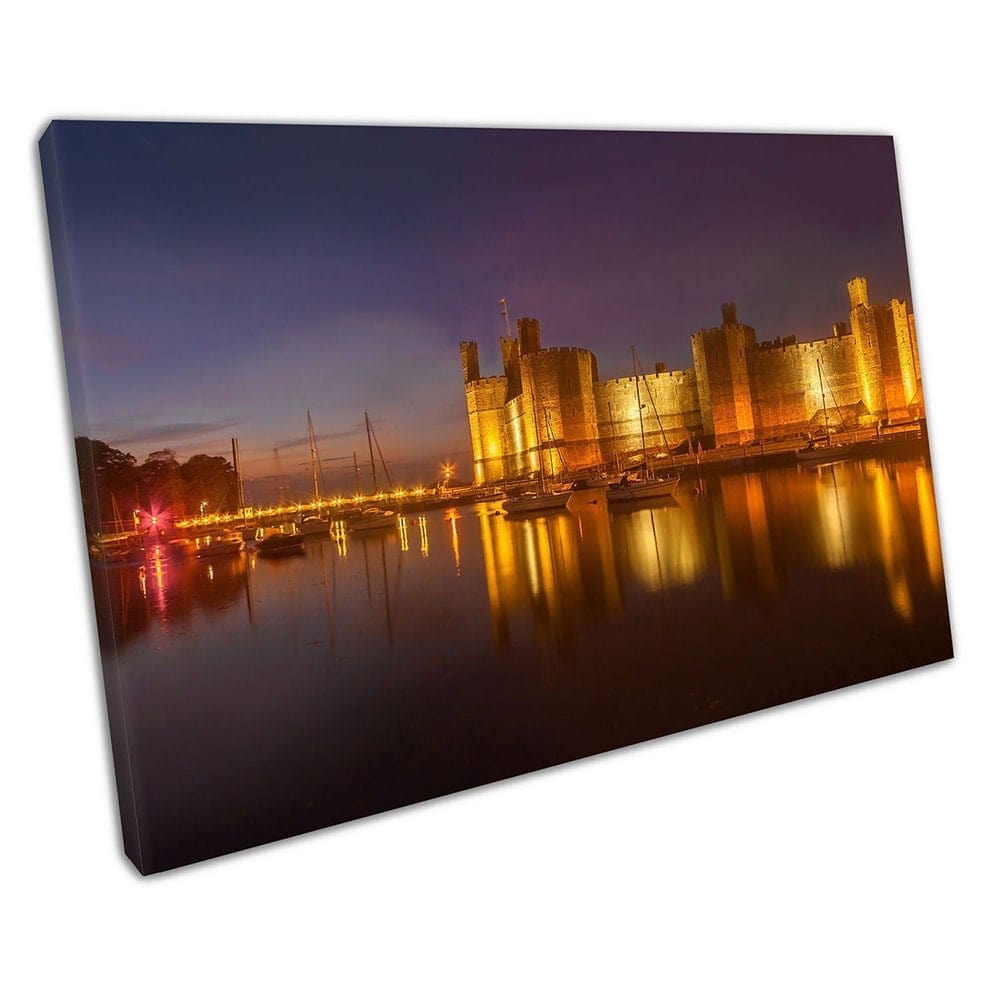 Evening Night Caernarfon Castle medieval fortress in Gwynedd Ready to Hang Wall Art Print Mounted Canvas print