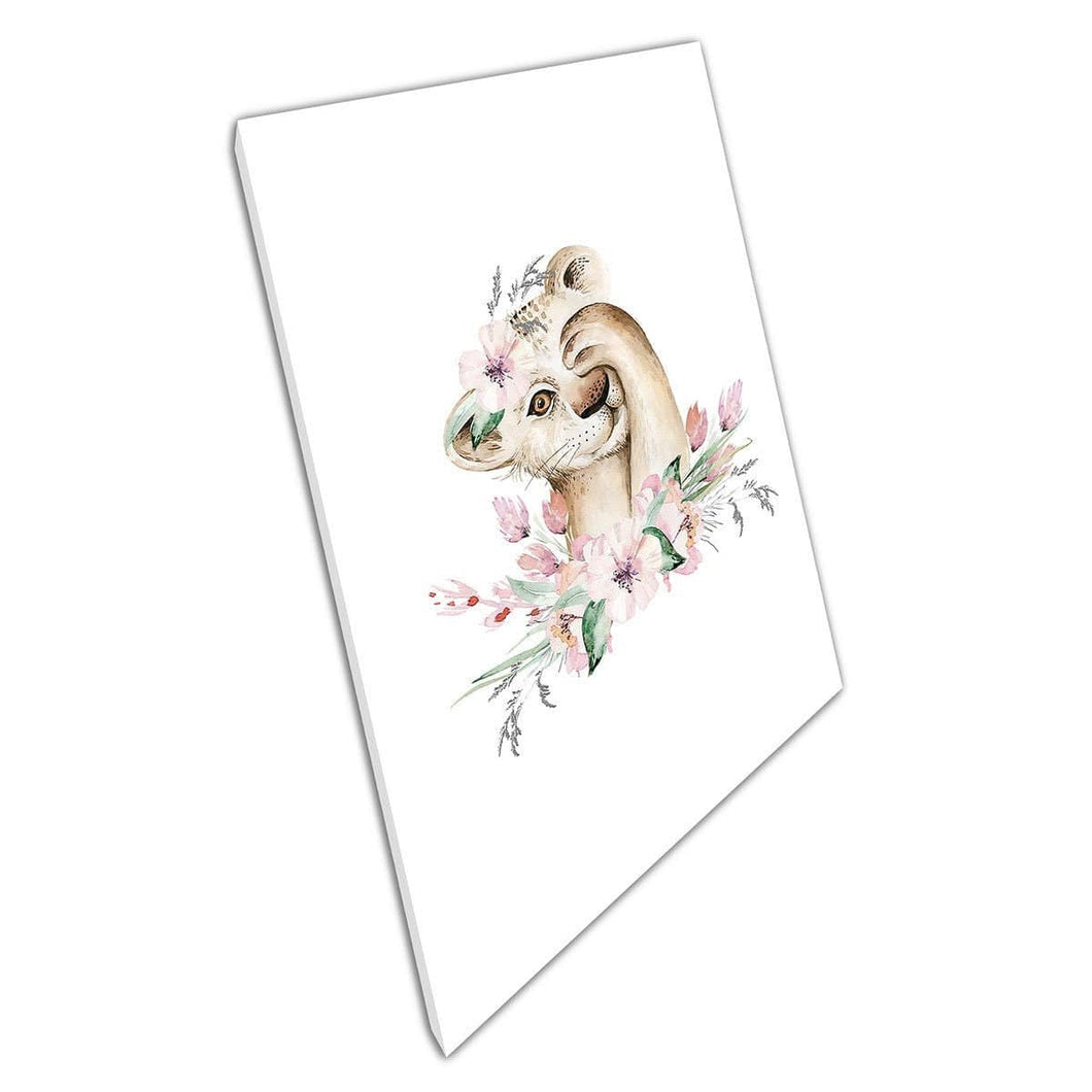 Speelachtige savanne leeuwenwelp in bloemen en bloemkroon waterverfschildering muurkunst print op canvas gemonteerde canvas print
