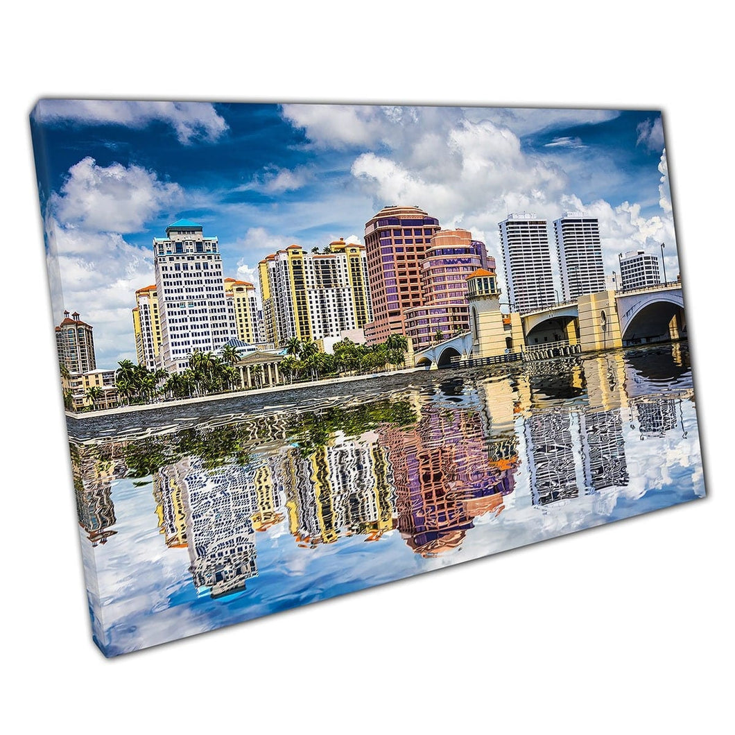 West Palm Beach Downtown Reflection Intercoastal Waterway Florida USA Wall Art Print On Canvas Mounted Canvas print