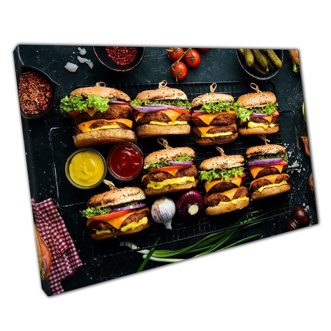Juicy hamburger cursori di manzo di manzo pomodoro cipolla cipolla da cibo ristorante fotografia stampa arte murale su tela stampa di tela montata