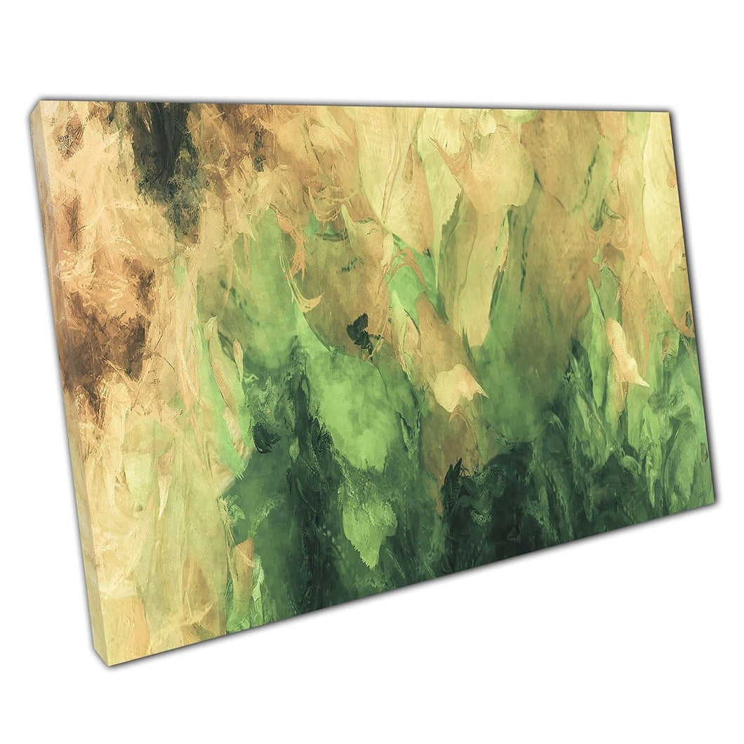 Groene geel koele afgestemde abstracte minimale borstelstroke textuur gelaagde verf inktstijl Wall Art Print op canvas gemonteerde canvas print