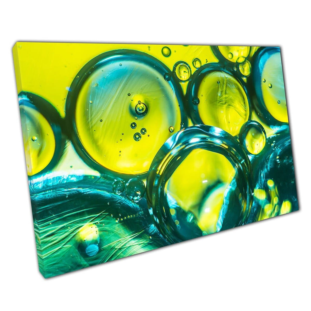Olie en water natuurlijke wetenschappelijke reactie abstracte fotografie geel groen blauwe muur kunst print op canvas gemonteerde canvas print