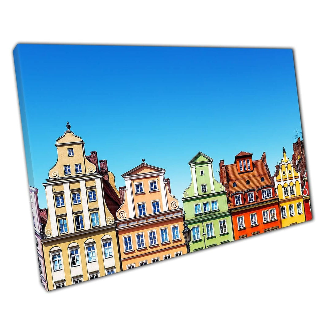 Ancient Classic Coloured Homes Against A Bright Blue Sky Wroclaw Poland Architecture Wall Art Print On Canvas Mounted Canvas print