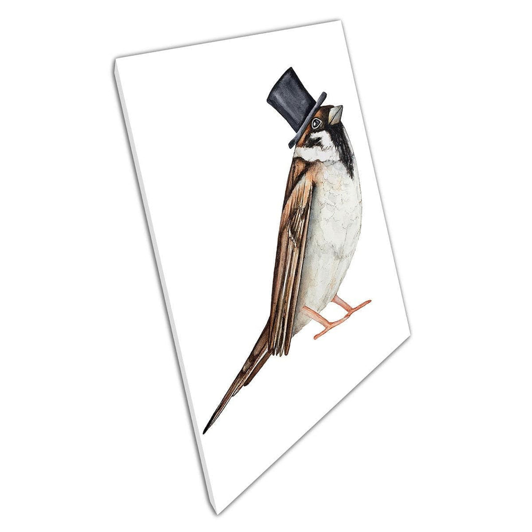 Pájaro de gorrión elegante vestido con sombrero de copa negro inteligente lindo ilustración animal arte de arte de pared en lienzo estampado de lienzo montado en lienzo