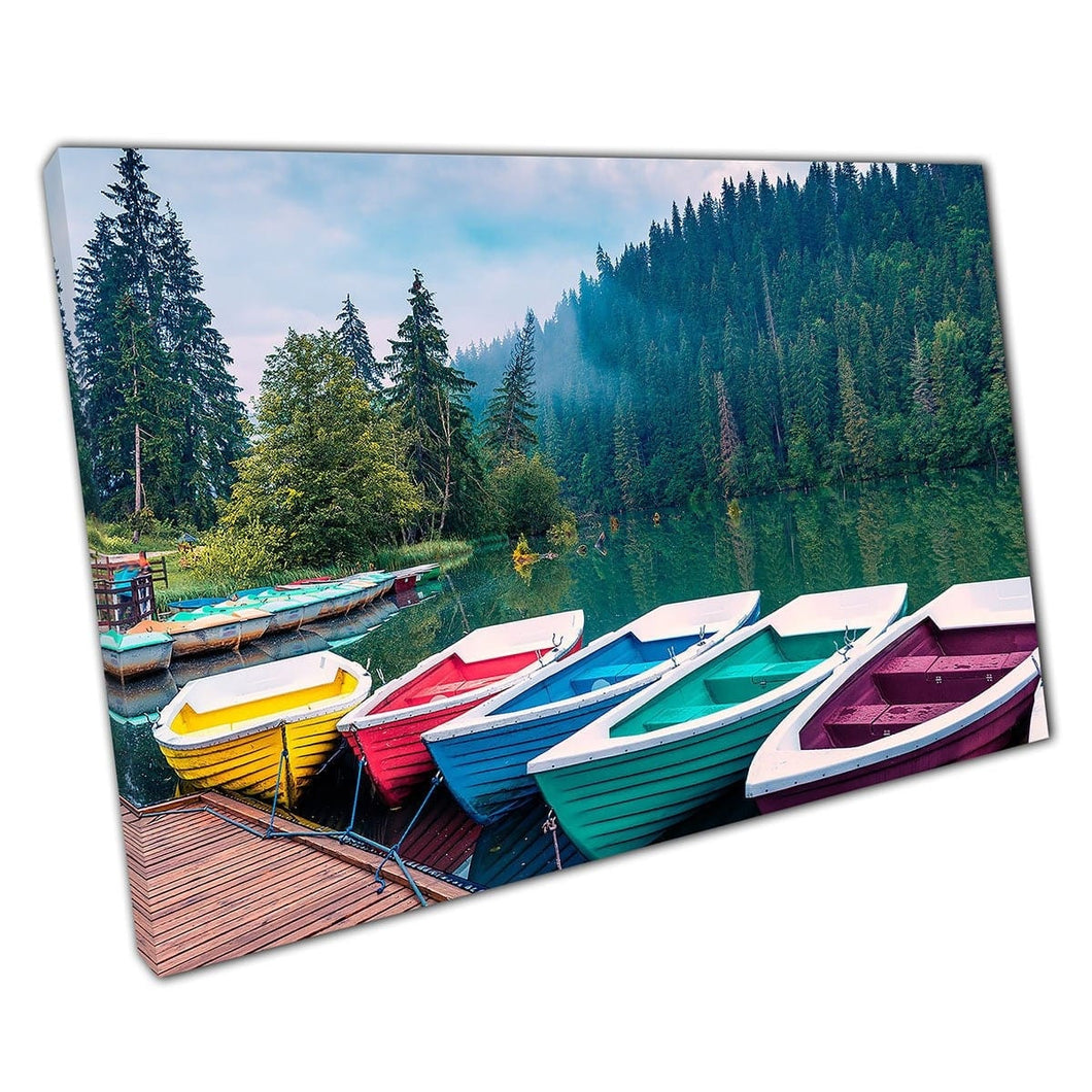 Beautiful Misty Morning Rainbow Boats At Pier Lacu Rosu Lake Harghita County Romania Wall Art Print On Canvas Mounted Canvas print
