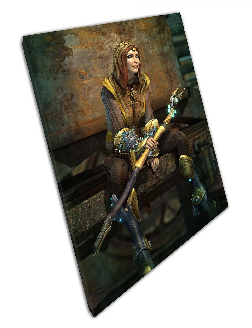 Warrior lady in fantasy art outfit with luminous weapon Ready to Hang Wall Art Print Mounted Canvas print