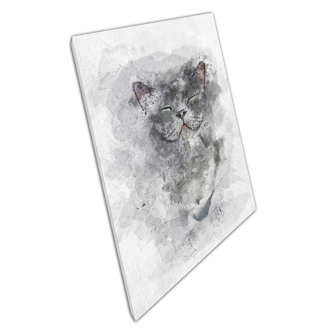 Schattige aquarel van glimlachende gelukkige Britse Chorthair Cat rustende muurkunstafdruk op canvas gemonteerde canvas print