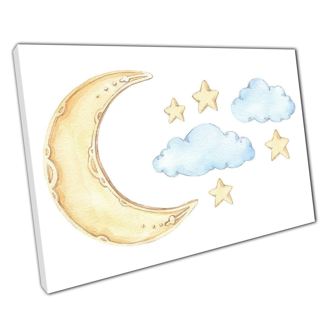 Leuke cartoon Crescent Moon Stars en wolken kinderkamer kinderkamer aquarel schilderij muur kunst print op canvas gemonteerde canvas print