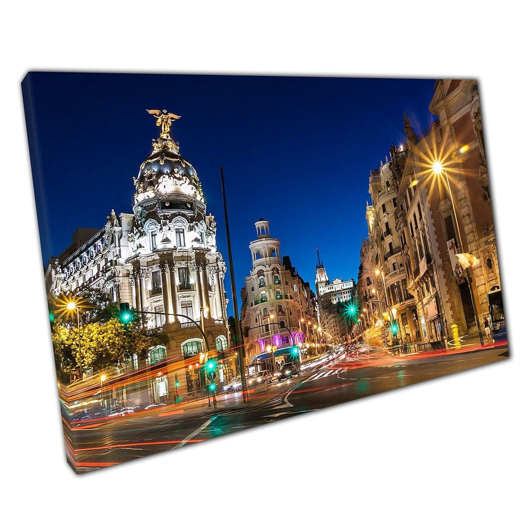 Gran Via Street Main Shopping Street Madrid Spain At Night Rays Of Traffic Lights Wall Art Print On Canvas Mounted Canvas print
