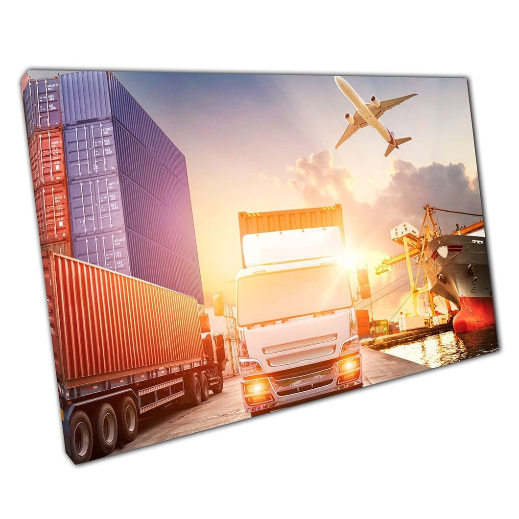 Drukke vrachtschip bij zonsopgang logistiek export import industriële fotografie muurkunst print op canvas gemonteerde canvas print