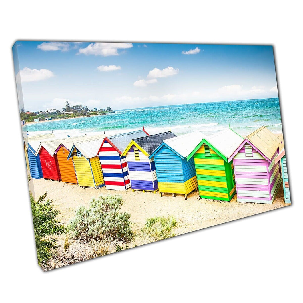 Rainbow Bathing Houses Beach Huts op Sandy Beach Melbourne Australia Wall Art Print op canvas gemonteerde canvas print