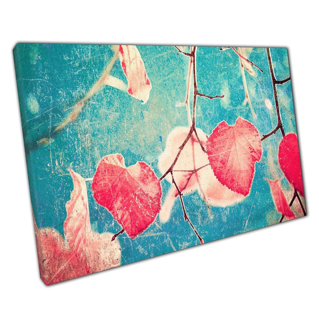 Foglie rosa contro il cielo blu brillante astratto rustico usurata opere d'arte a contrasto moderno stampa murale stampa su tela di tela montata