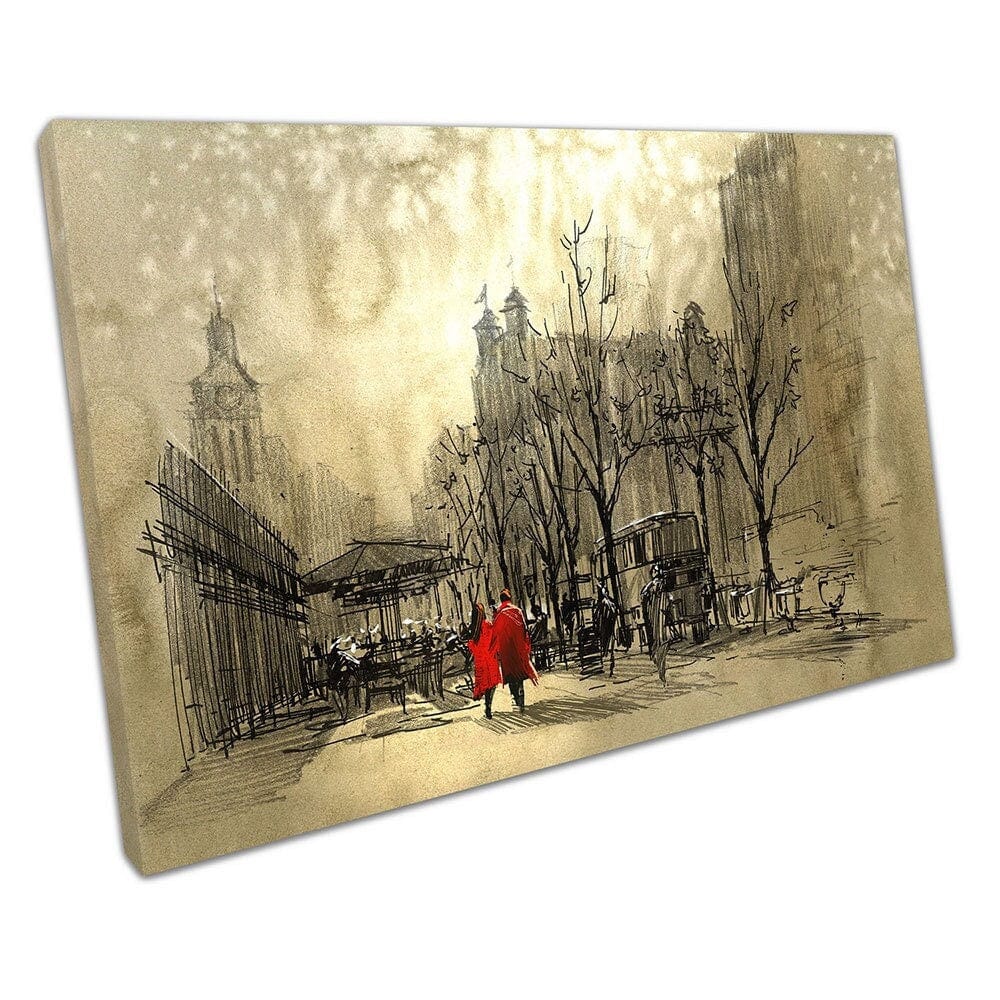 Illustratie kunstpaar in rood wandelen op City Street klaar om muurwand te hangen print gemonteerde canvas print