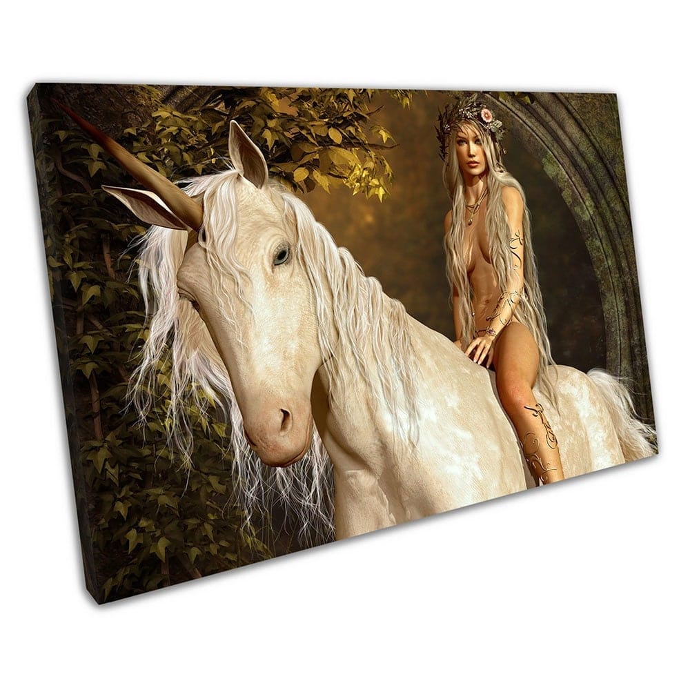 Fantasy Landscape Fair Maiden Lady on Unicorn klaar om canvas muurkunst te hangen afdrukken gemonteerde canvas print