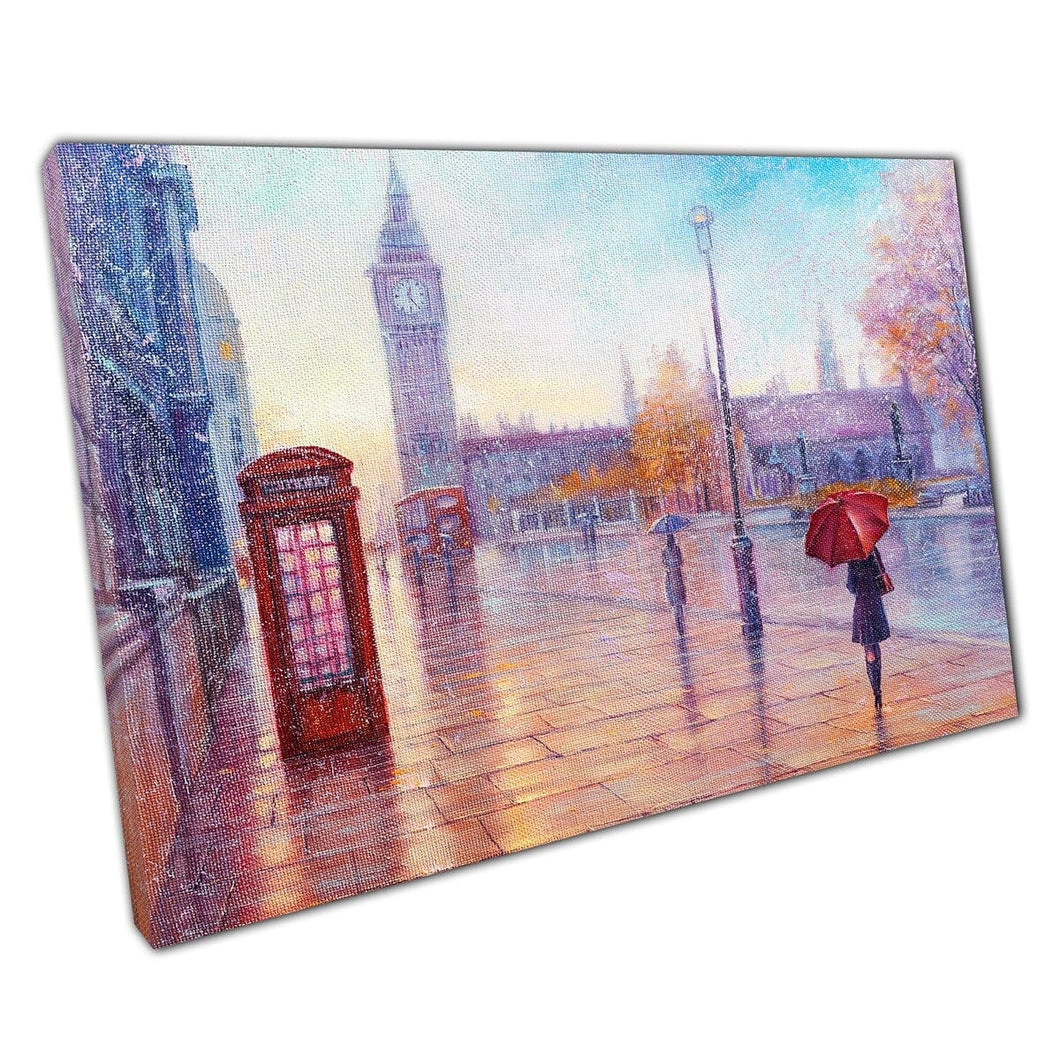 Regenachtige dag in Londen Big Ben Landmark Classic Red Phone Box Oil Painting Style Engeland Wall Art Print op canvas gemonteerde canvas print