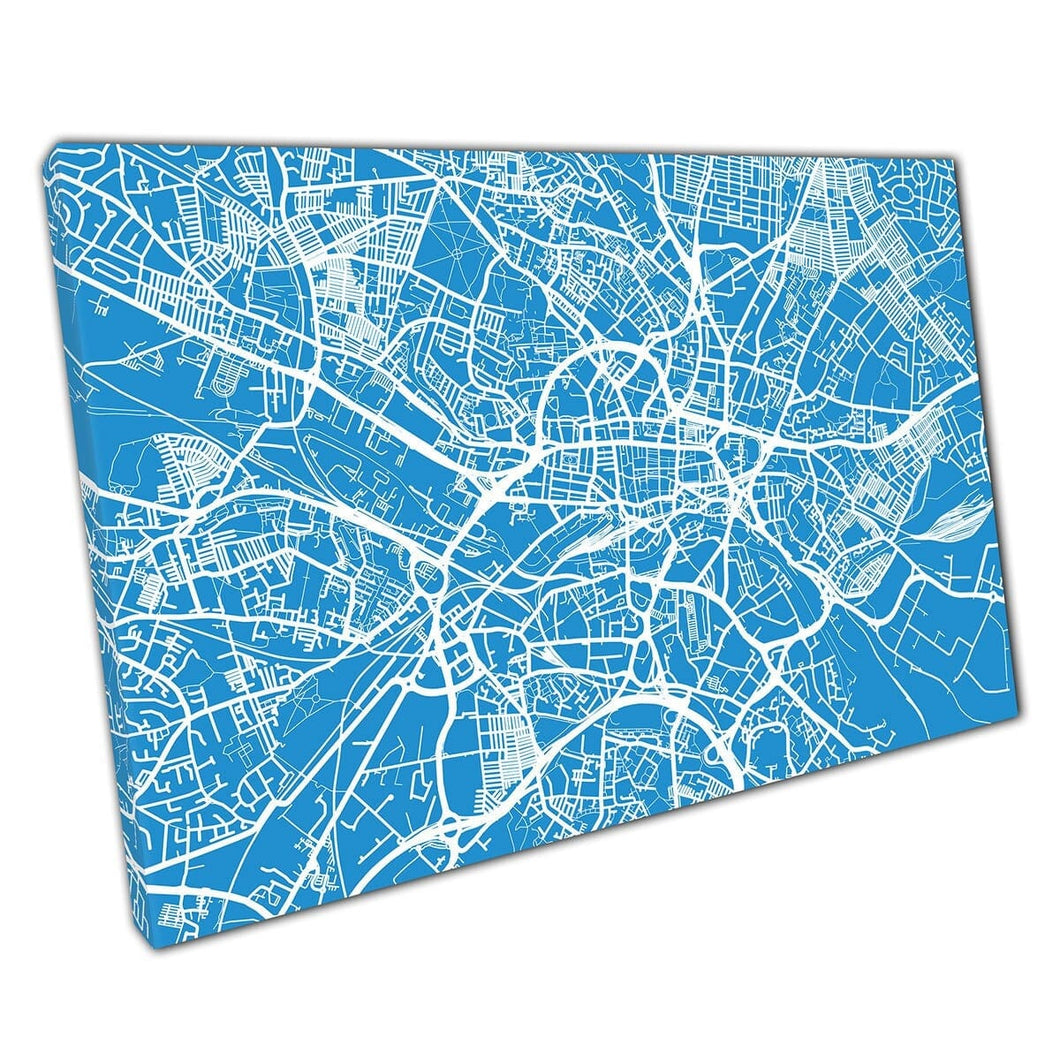 Helderblauw en witte stedelijke kaart Leeds Engeland stad Navigatie Minimale abstracte muurkunstafdruk op canvas gemonteerde canvas print