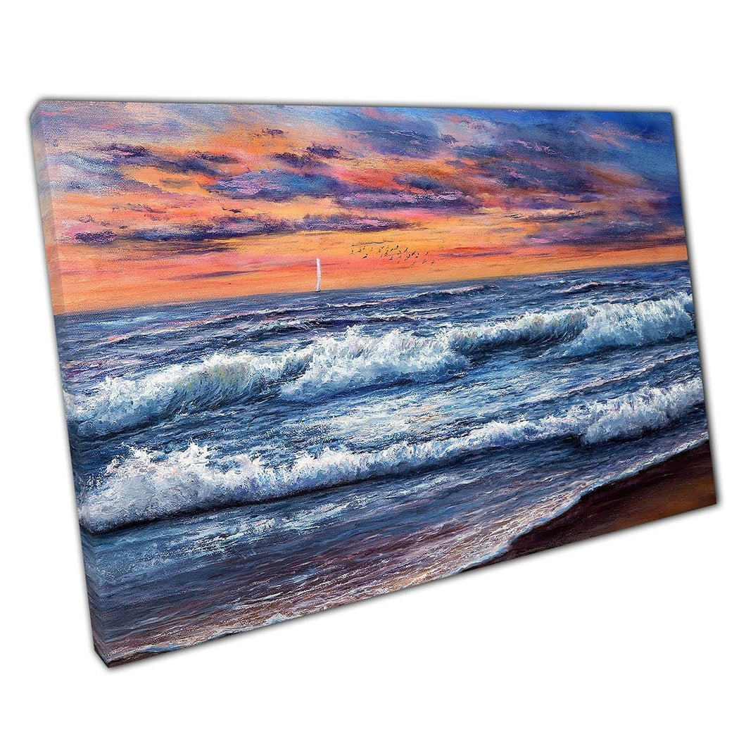 Olieverfschilderij van gouden zonsondergang over oceaan en strandwand kunstprint op canvas gemonteerde canvas print