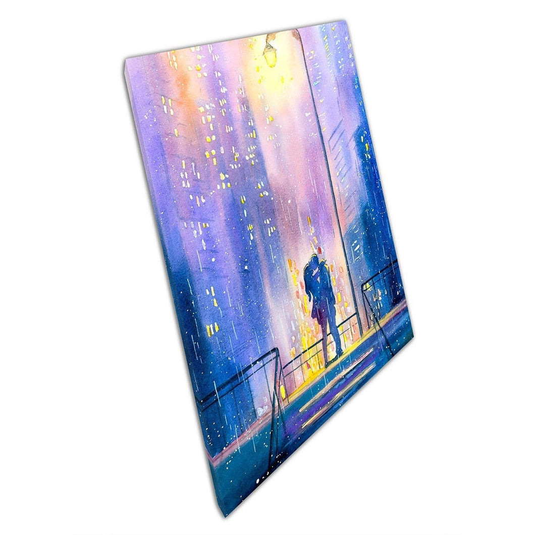 Paar kussen onder de stadslamp in de stad in de regenweergatstijl Wall Art Print op canvas gemonteerde canvas print