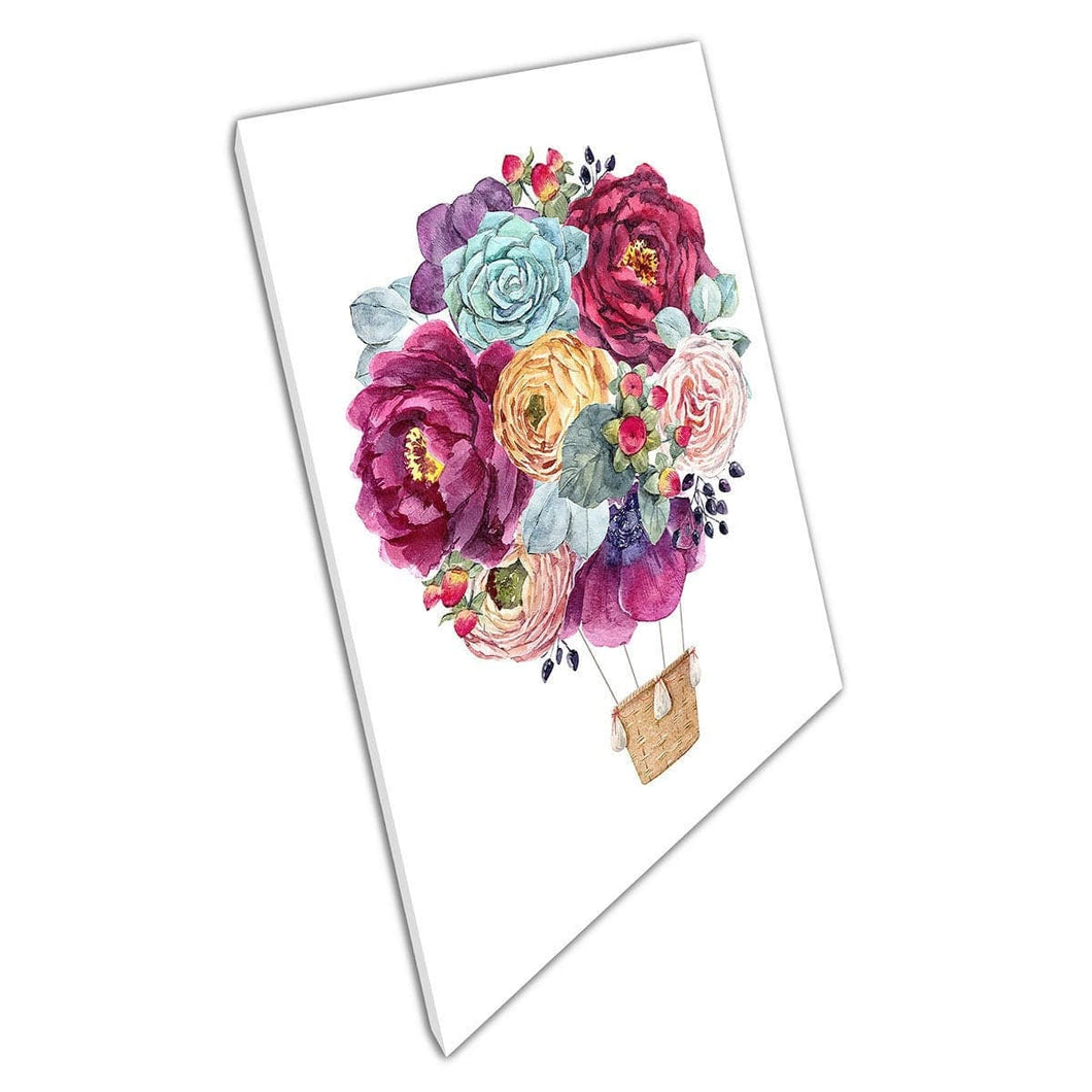 Hete luchtballon van prachtige bloeiende bloemen en bessen aquarel illustratie muurkunst print op canvas gemonteerde canvas print