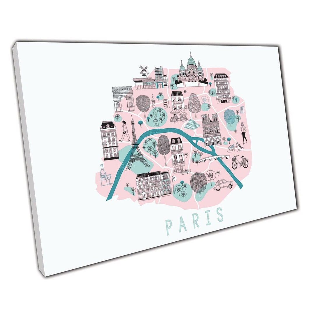 Paris Pastel Tone Quirky geïllustreerde kaart Wall Art Print op canvas gemonteerde canvas print