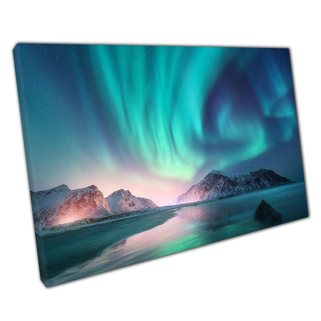 Aurora Borealis Over Sea And Mountains Norway Northern Lights Lofoten Islands Wall Art Print On Canvas Mounted Canvas print