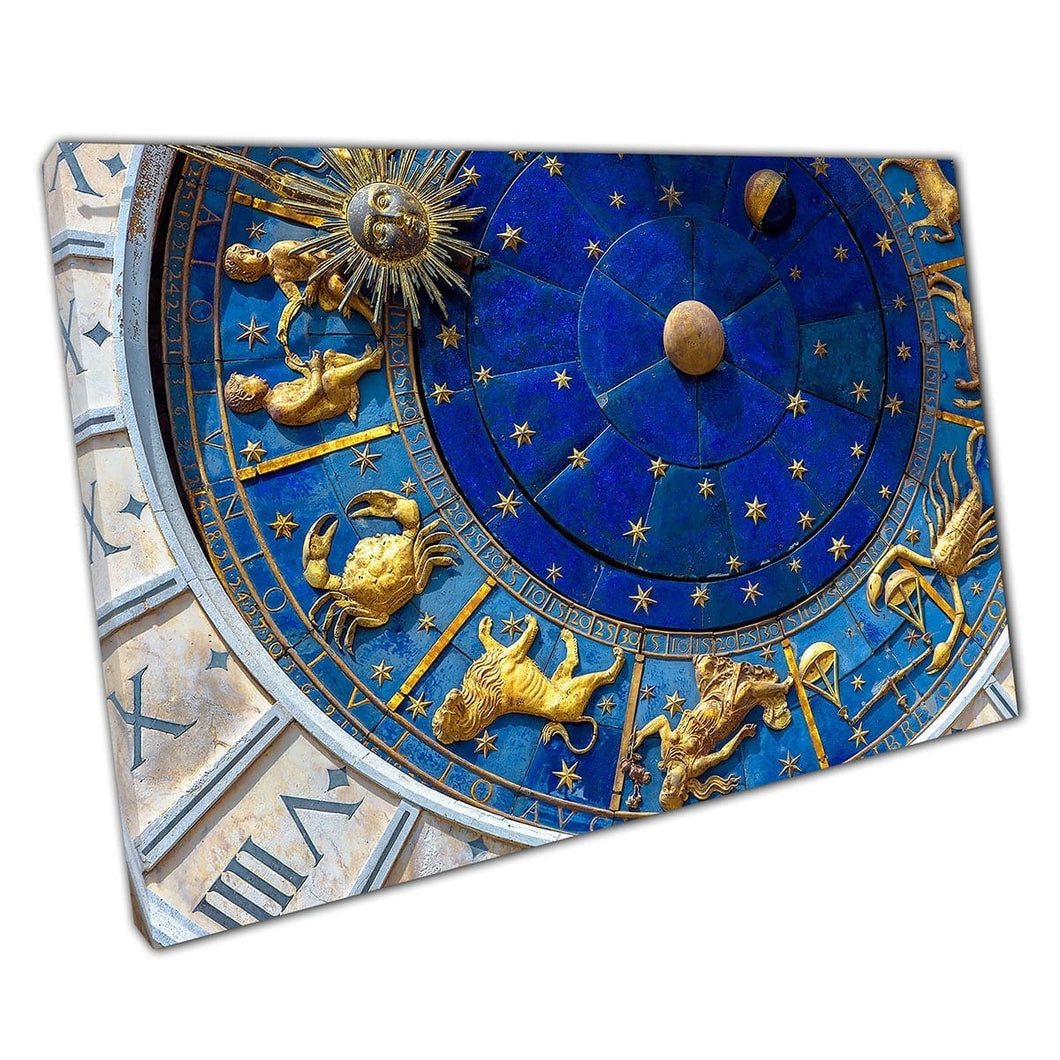 Zodiac Wheel en Constellations Ancient Clock Torre Dell'orologio Venice Italië Wall Art Print op canvas gemonteerde canvas print