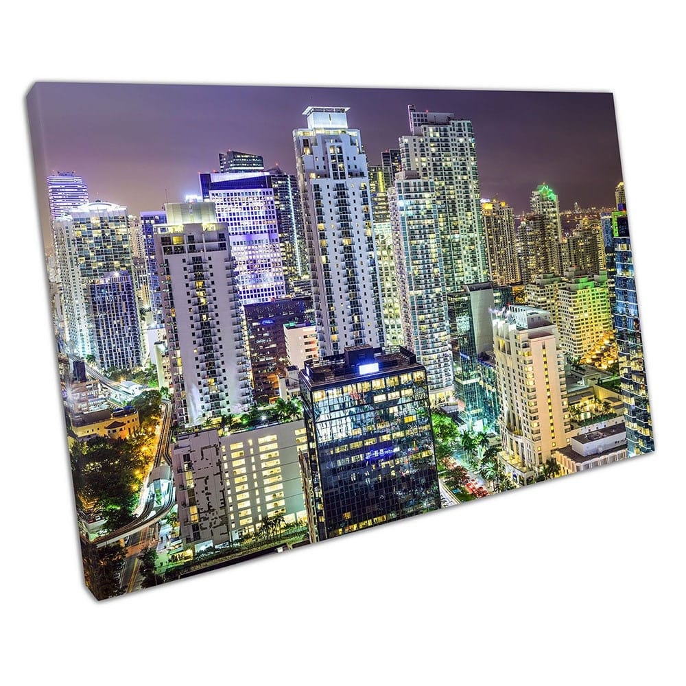 Miami Florida USA at night Cityscape skyline Ready to Hang Canvas Wall Art Print Mounted Canvas print