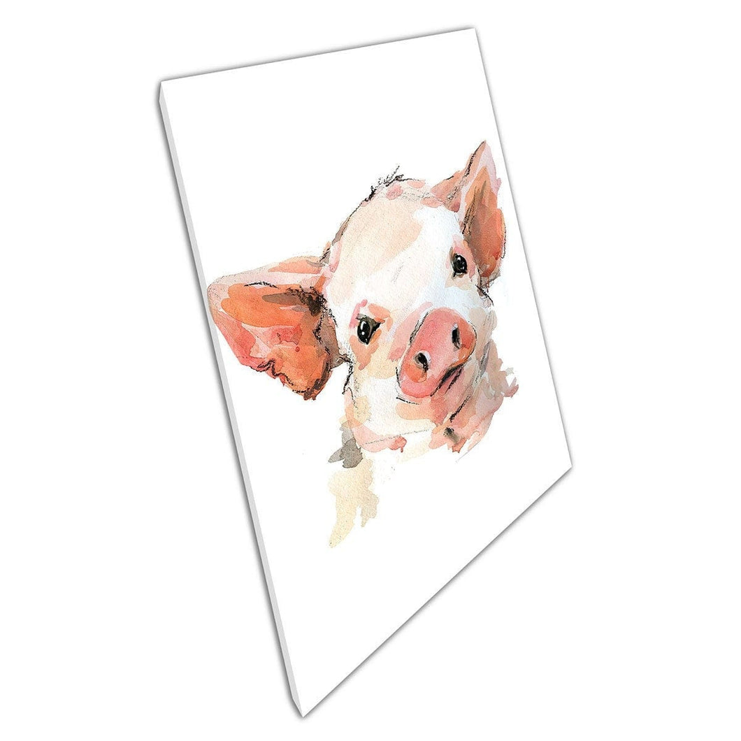 Cute Little Happy Farmyard Pig Textured Style Watercolour Illustration Painting Wall Art Print On Canvas Mounted Canvas print