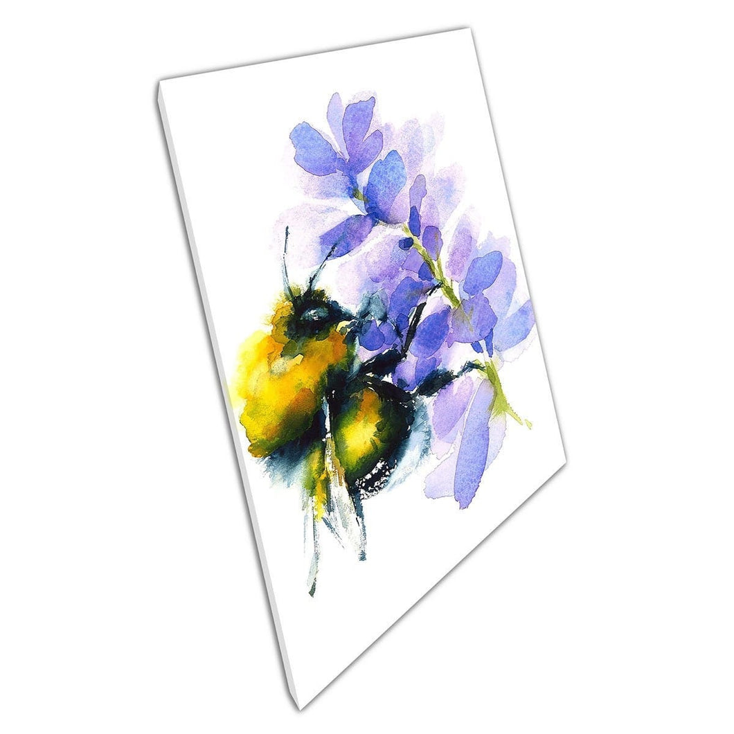 Watercolour Bumblebee Collecting Pollen From A Purple Flower Illustration Wall Art Print On Canvas Mounted Canvas print