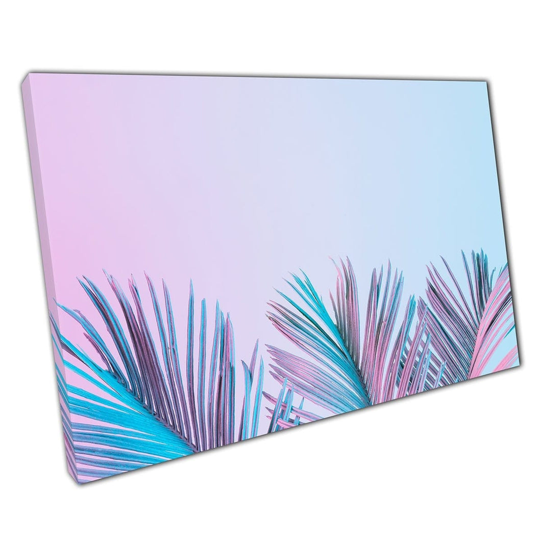Vibrant Exotic Tropical Blue Pink Leaves Against A Gradient Soft Blue Pink Background Wall Art Print On Canvas Mounted Canvas print