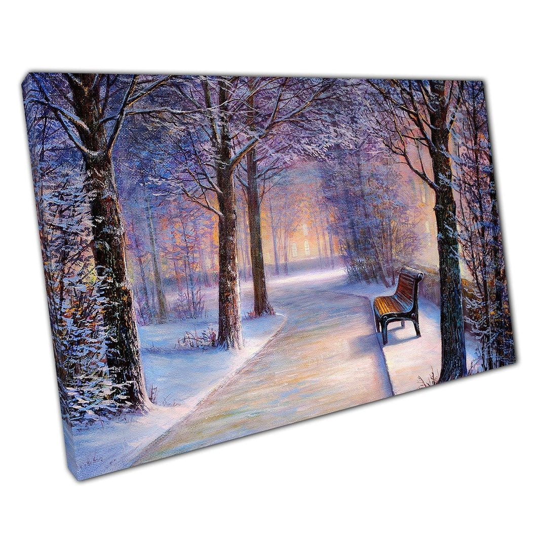 Afgelegen bank in een park tijdens een winteravondwandkunstafdruk op canvas gemonteerde canvas print