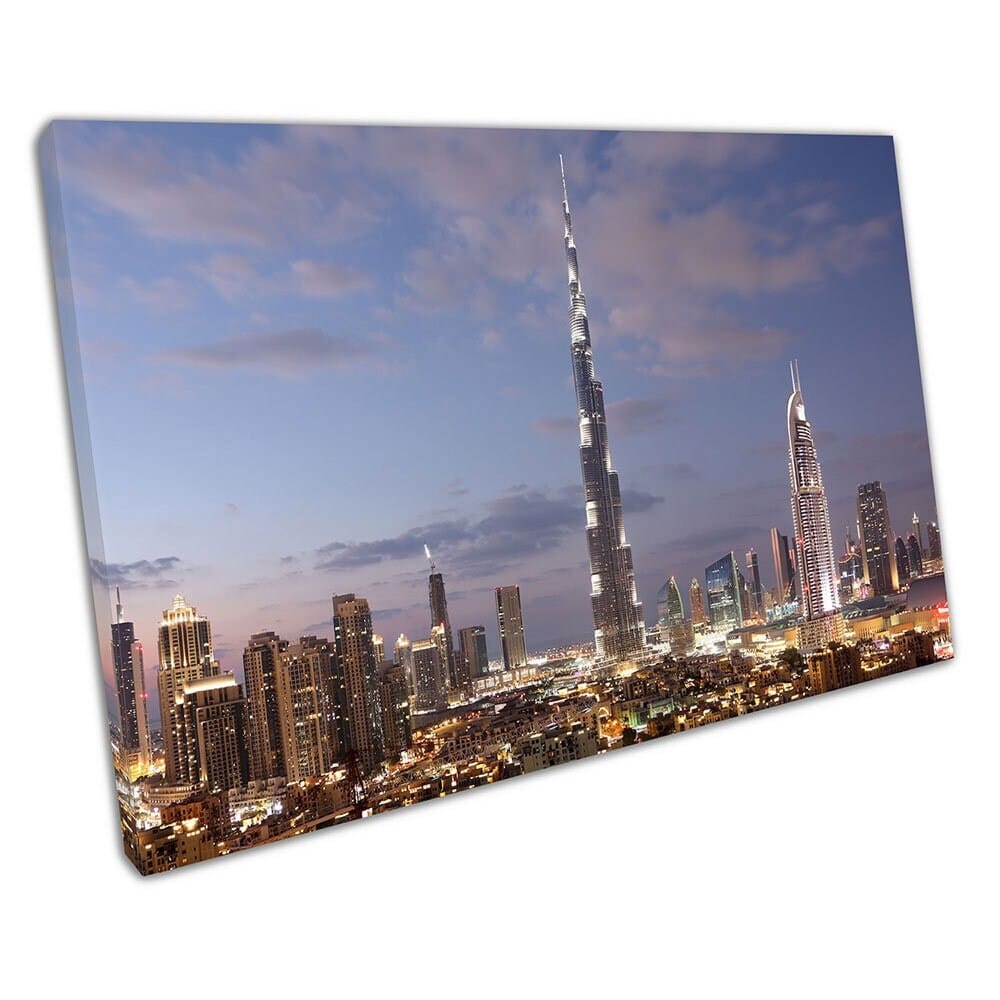 BURJ KHALIFA & DUBAI DOENSK SUSK Verenigde Arabische Emiraten Klaar om muurwand te hangen Afdrukken Gemonteerde canvas print