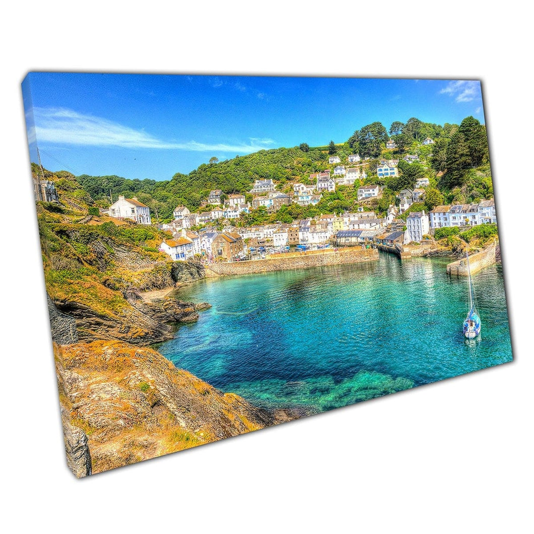 Blauwe luchten heldere zee bij Polperro Harbor Cornwall Engeland Wall Art Print op canvas gemonteerde canvas print