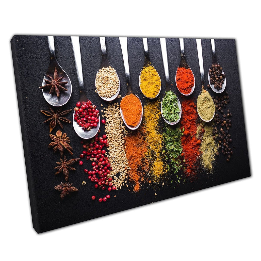 Kleurrijke kruiden en kruiden kooking ingrediënten keuken restaurant fotografie food muur art print op canvas gemonteerde canvas print